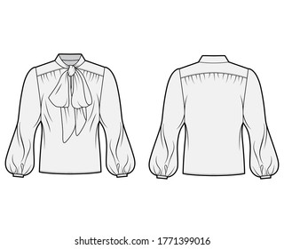 Pussy-bow blouse technical fashion illustration with oversized body, loose fit, long bishop sleeves. Flat apparel shirt template front, back, grey color. Women, men and unisex mockup CAD for designer