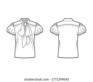Pussy-bow blouse technical fashion illustration with oversized body, loose fit, short bubble sleeves. Flat apparel shirt template front, back white color. Women, men and unisex mockup CAD for designer