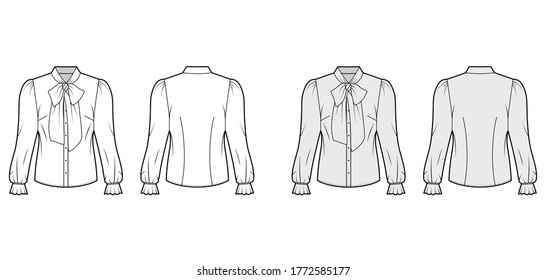 Pussy-bow blouse technical fashion illustration with long blouson sleeves, flouncy ruffled cuffs, fitted body. Flat apparel shirt template front, back, white grey color. Women men unisex garment CAD