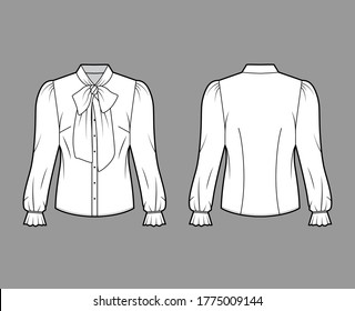Pussy-bow blouse technical fashion illustration with long blouson sleeves, flouncy ruffled cuffs, fitted body. Flat apparel shirt template front, back, white color. Women men unisex garment CAD mockup