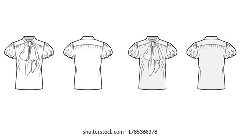 Pussy-bow blouse technical fashion illustration with oversized body, loose fit, short bubble sleeves. Flat apparel shirt template front, back, white and grey color. Women, men and unisex mockup CAD