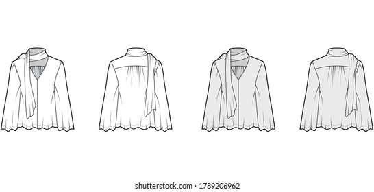 Pussy-bow blouse technical fashion illustration with baby doll body, deep V-neck, long circle sleeves tunic. Flat shirt apparel template front back white grey color. Women, men unisex top CAD mockup