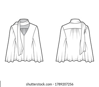 Pussy-bow blouse technical fashion illustration with baby doll body, deep V-neck, long circle sleeves tunic. Flat shirt apparel template front back white color. Women, men unisex top CAD mockup