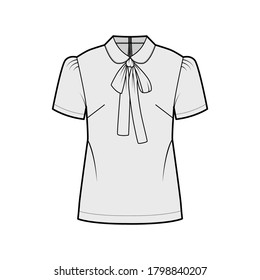 Pussy-bow blouse technical fashion illustration with Peter Pan collar, short sleeves, relaxed body, back button-fastening keyhole. Flat apparel top template front grey color. Women men unisex shirt