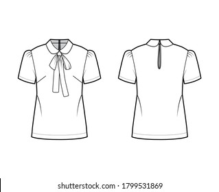 Pussy-bow blouse technical fashion illustration with Peter Pan collar, short sleeves, back button-fastening keyhole. Flat apparel top template front back white color. Women men unisex shirt CAD mockup