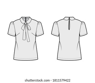 Pussy-bow blouse technical fashion illustration with Peter Pan collar, short sleeves, back button-fastening keyhole. Flat apparel top template front, back grey color. Women men unisex shirt CAD mockup