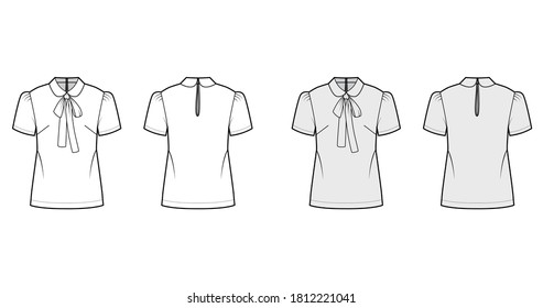 Pussy-bow blouse technical fashion illustration with Peter Pan collar, short sleeves, back button-fastening keyhole. Flat apparel top template front, back white grey color. Women men unisex shirt CAD