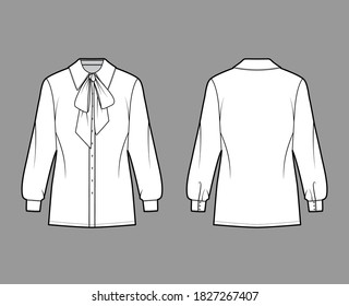 Pussy-bow shirt technical fashion illustration with long sleeves with cuff, relax fit, front button-fastening, regular collar. Flat apparel template front back white color. Women unisex top CAD mockup
