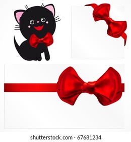 Pussycat and red gift bows. Vector image.