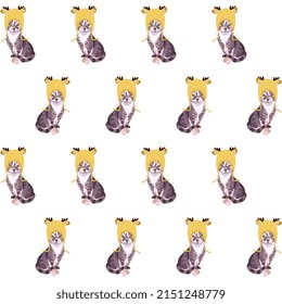 
Pussycats in yellow knitted hats with deer antlers form a seamless pattern on a white background in vector. Symbols of the Chinese year of the cat, 2023. Print for children's jacket, bed linen.