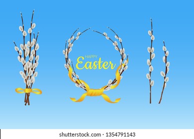 Pussy-willow vector branches and bouquet with ribbons. Traditional elements for Easter greeting card, postcard, season poster, wedding invitation, web banner design.