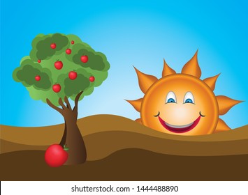 Pustoral illustration, apple tree and shining sun.