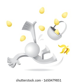 Don’t put all your eggs in one basket. Cute little white Simplified man step on a banana peel and slip.