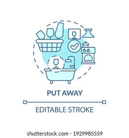 Put away concept icon. Using boxes for things idea thin line illustration. Freeing up storage space. Decluttering of house. Vector isolated outline RGB color drawing. Editable stroke