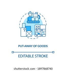 Put away of goods concept icon. Warehouse management components. Stored away in boxes in warehouse. Store idea thin line illustration. Vector isolated outline RGB color drawing. Editable stroke