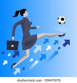 Put the ball in the game business concept. Confident business woman in business suit with case kicks soccer ball up to the sky. Concept of starting new business. startup or contract.