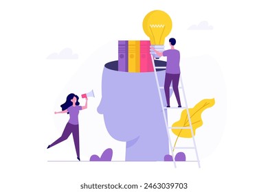 Put book in head concept. Upskill and learn new things for knowledge development and improved job qualifications. Man places light bulb ideas, books, into a human head to enhance working skills.