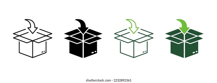 Put in Carton Parcel Box Delivery Service Silhouette and Line Icon. Packing Cardboard Pointing Arrow Inside Pictogram. Distribution Container Icon. Editable Stroke. Isolated Vector Illustration.