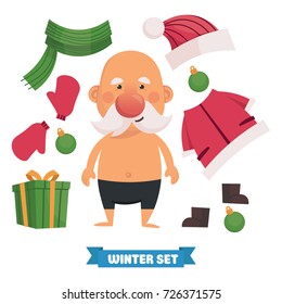 Put clothes on Santa. Happy cute Santa Claus in flat vector style. Christmas and New Year card