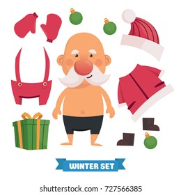 Put clothes on Santa. Happy cute Santa Claus in flat vector style. Christmas and New Year card