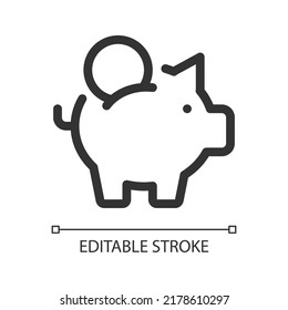 Put coin into piggy bank pixel perfect linear ui icon. Save money. Budget and capital. GUI, UX design. Outline isolated user interface element for app and web. Editable stroke. Arial font used