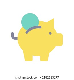 Put coin into piggy bank flat color ui icon. Save money. Business and finance. Budget and capital. Simple filled element for mobile app. Colorful solid pictogram. Vector isolated RGB illustration