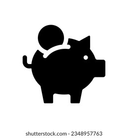 Put coin into piggy bank black glyph ui icon. Save money. Budget and capital. User interface design. Silhouette symbol on white space. Solid pictogram for web, mobile. Isolated vector illustration