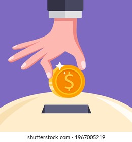 put a coin in the slot. save money in a piggy bank. flat vector illustration.