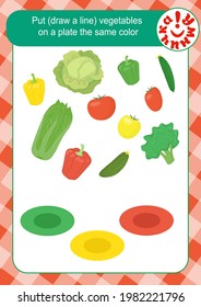 Put (draw a line) vegetables on a plate the same color