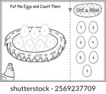 Put eggs in the nest black and white game for kids. Cut and glue educational activity page in outline. Match the numbers. Vector illustration