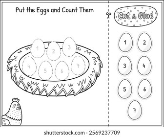 Put eggs in the nest black and white game for kids. Cut and glue educational activity page in outline. Match the numbers. Vector illustration