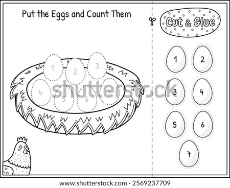 Put eggs in the nest black and white game for kids. Cut and glue educational activity page in outline. Match the numbers. Vector illustration