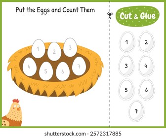 Put eggs in the nest matching game for kids. Cut and glue educational activity page. Match the numbers. Vector illustration