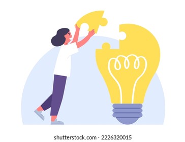 Put final piece of light bulb to complete idea. Concept of creativity, final jigsaw of idea, brainstorm, idea for business. Flat vector illustration. 