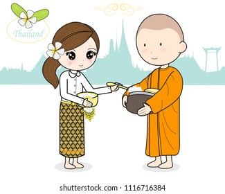 put food offering in a Buddhist monk's alms bowl