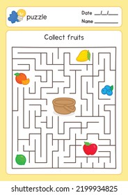 poner fruta en ejercicios de juegos de laberinto de cestas hoja kawaii cartografía vectorial de doodle