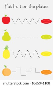 Put fruit on the plates, handwriting practice sheet, kids preschool activity, educational children game, printable worksheet, writing training, vector illustration