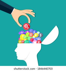 Poner iconos de información y comunicación en la cabeza humana. Concepto de comunicación