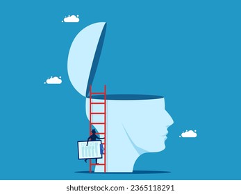 Put information in head. man holding documents climbs the stairs on a big head