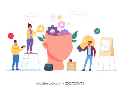 Ponga el conocimiento en la cabeza. Personas Poner ruedas dentadas con idea en el interior del cerebro, Inteligencia Entrenamiento mental Desarrollo de habilidades Estrategia de aprendizaje Lluvia de ideas Ilustración vectorial Obra de arte original
