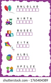 Put the letters in the correct order. Worksheet for education. Education logic game. Worksheet practice for preschool, elementary and middle school kids. Fun logic puzzle activity sheet.