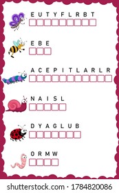 Put the letters in the correct order. Worksheet for education. Education logic game. Worksheet practice for preschool, elementary and middle school kids. Fun logic puzzle activity sheet.