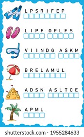 Put the letters in the correct order. Worksheet for education. Education logic game. Worksheet practice for preschool, elementary and middle school kids. Fun logic puzzle activity sheet.