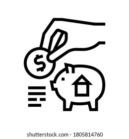 put money in piggy bank for buy house line icon vector. put money in piggy bank for buy house sign. isolated contour symbol black illustration