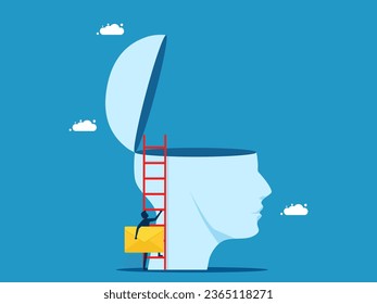 Put the news in head. Businessman holding a letter climbs a ladder onto a big head