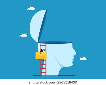 Put the news in head. woman holding a letter climbs a ladder onto a big head
