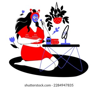 Put on a face mask - colorful flat design style illustration with linear elements. Red and blue composition with girl in front of the mirror performing beauty procedures with the help of cosmetics