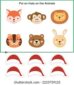 Put on hats on the animals cut and glue activity page for kids. Christmas educational game for children. Sensory activity template. Vector illustration