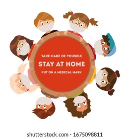 Put on a medical mask. The world is struggling with an outbreak of coronavirus. do not panic and stay home for your safety. take care of yourself. Vector graphics