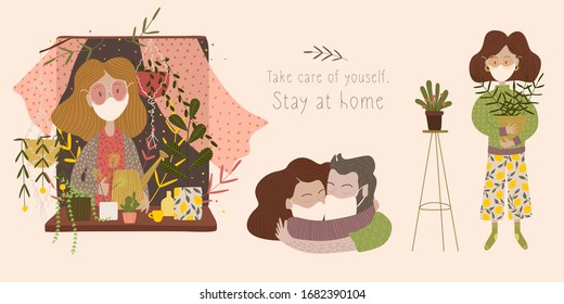Put on a medical mask. The world is struggling with an outbreak of coronavirus. do not panic and stay home for your safety. take care of yourself. Vector graphics
